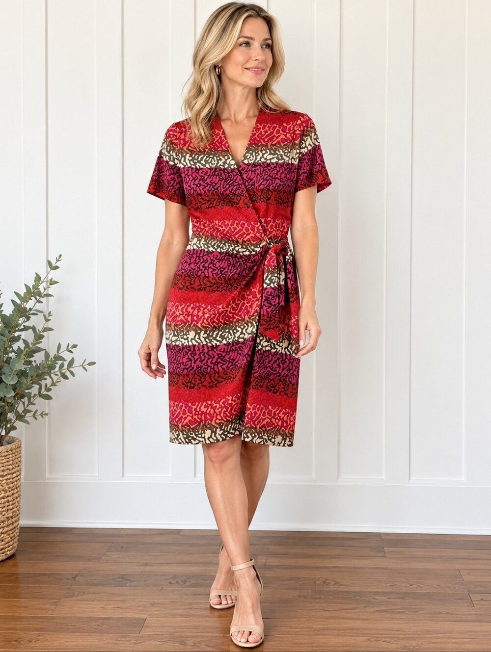 Papell 100% Silk Wrap Dress in Shades of Red, Pink, Tan, & Brown, Size 4 Petite